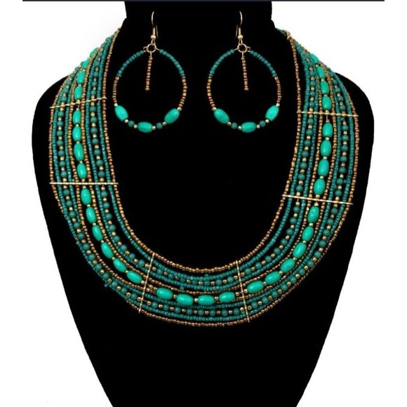 Teal Green Blue Beaded BOHO Egyptian Native Gold Tribal Necklace Earring Set - Picture 1 of 1